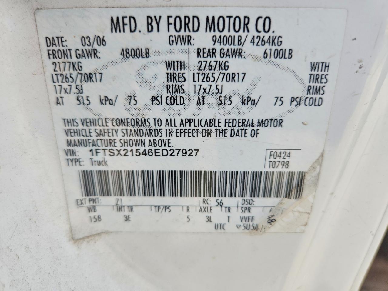 2006 Ford F250 Super Duty White vin: 1FTSX21546ED27927