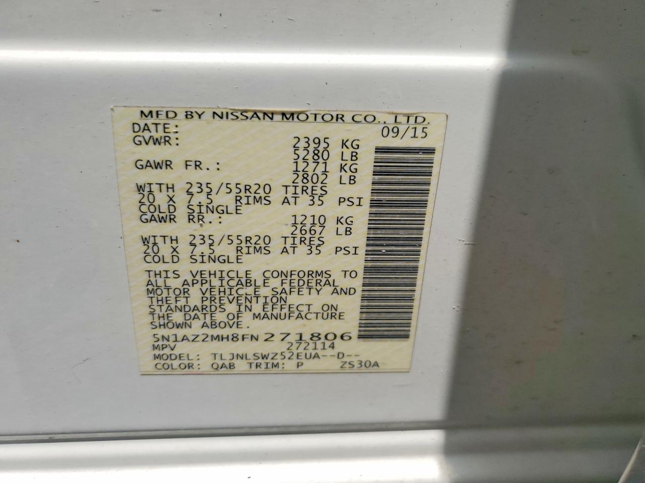 2015 Nissan Murano Platinum White vin: 5N1AZ2MH8FN271806