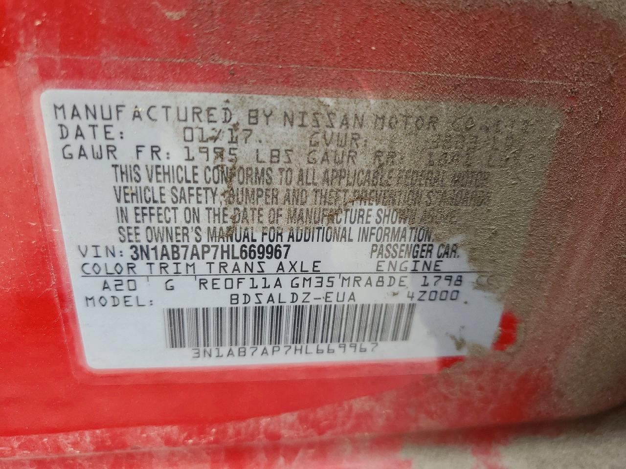 2017 Nissan Sentra Sv Red vin: 3N1AB7AP7HL669967