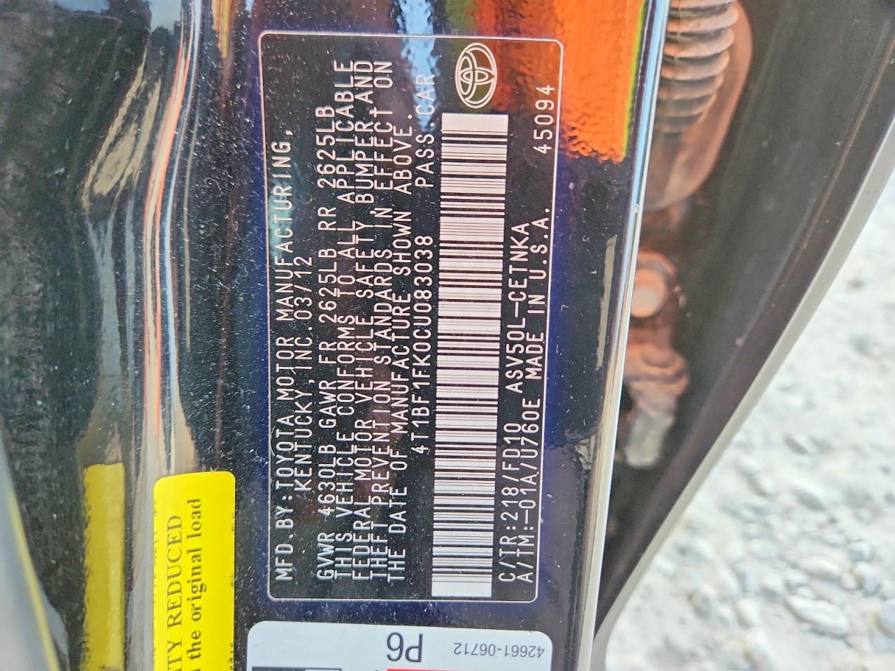 2012 Toyota Camry Le Черный vin: 4T1BF1FK0CU083038