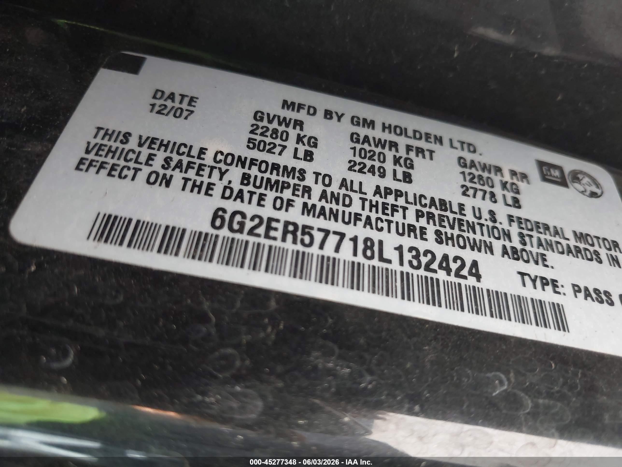 2008 Pontiac G8   Black vin: 6G2ER57718L132424
