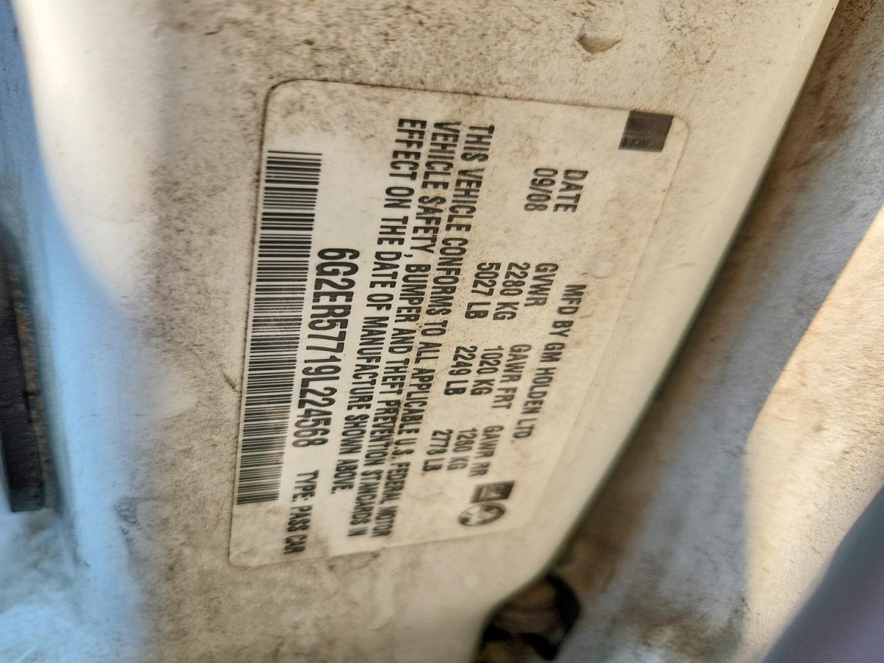2009 Pontiac G8 White vin: 6G2ER57719L224568