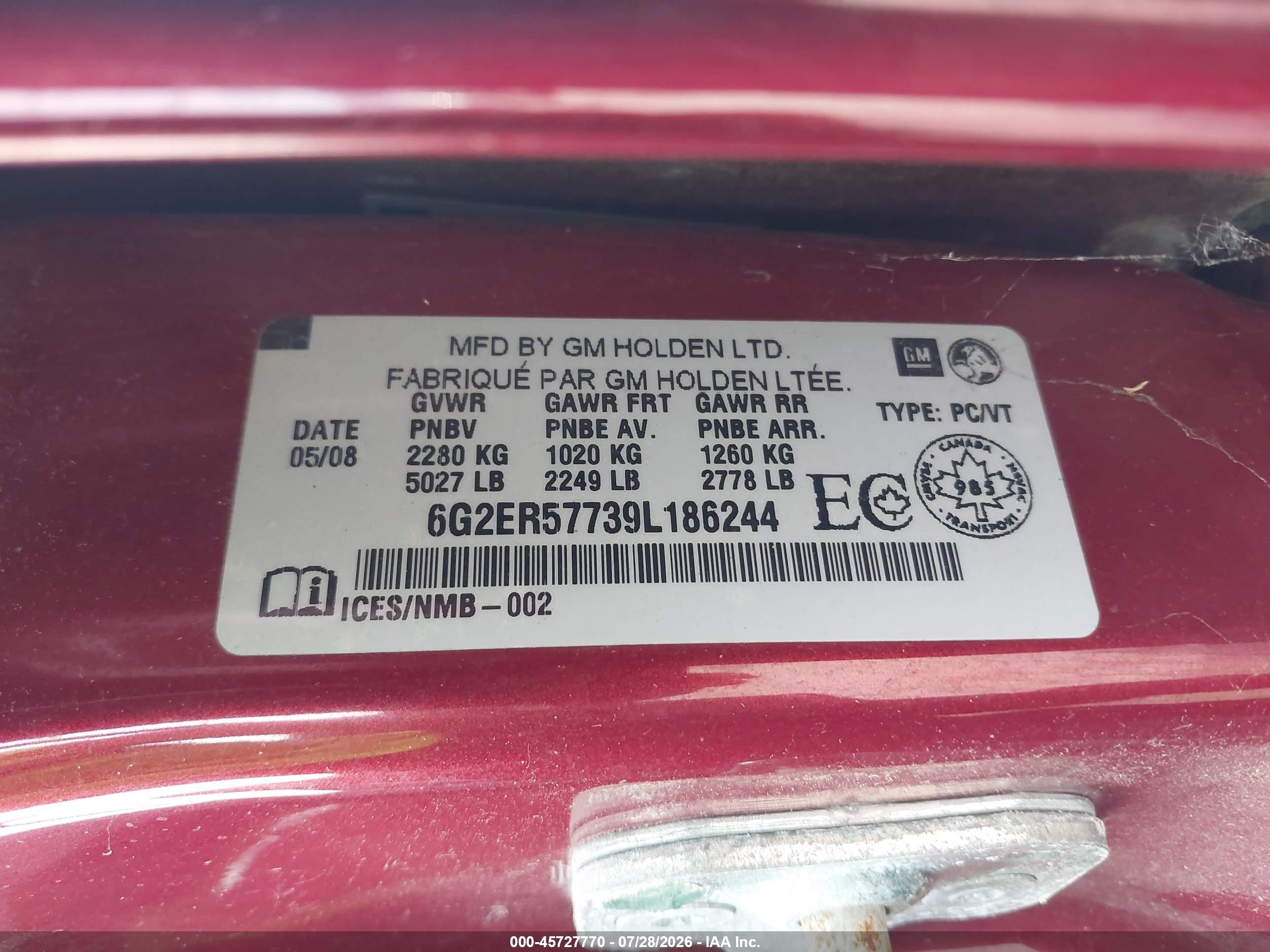 2009 Pontiac G8   Red vin: 6G2ER57739L186244