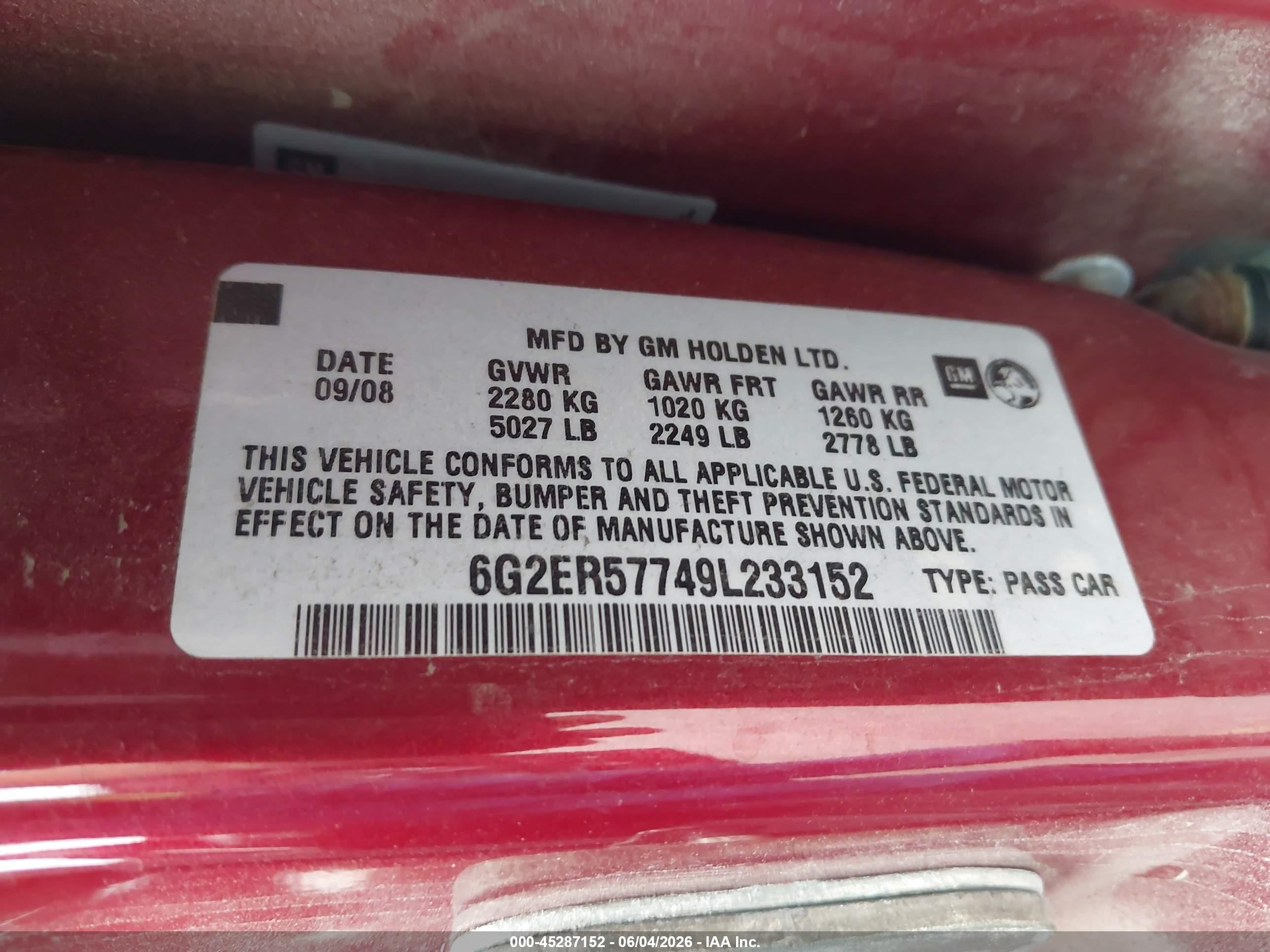 2009 Pontiac G8   Red vin: 6G2ER57749L233152