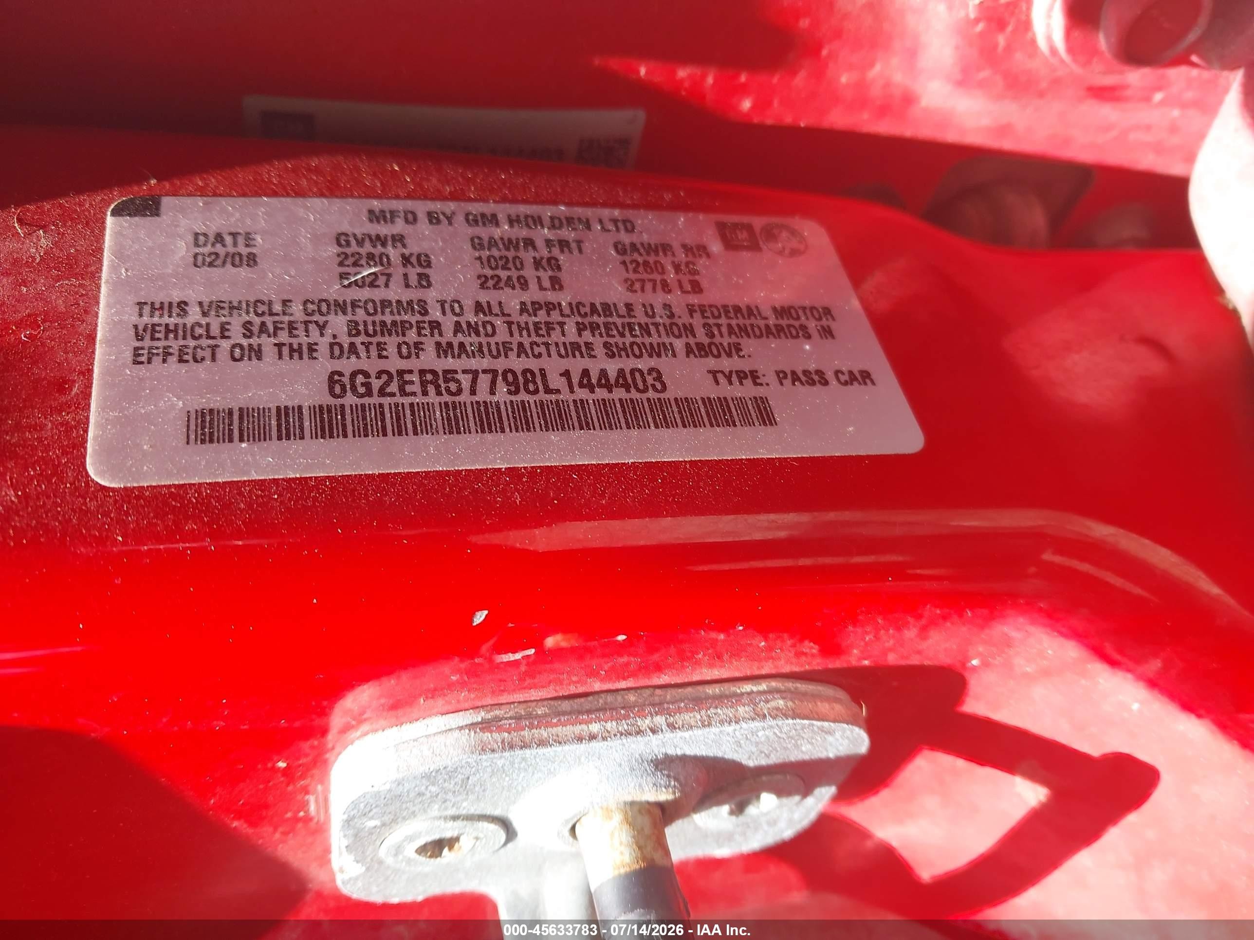 2008 Pontiac G8   Red vin: 6G2ER57798L144403
