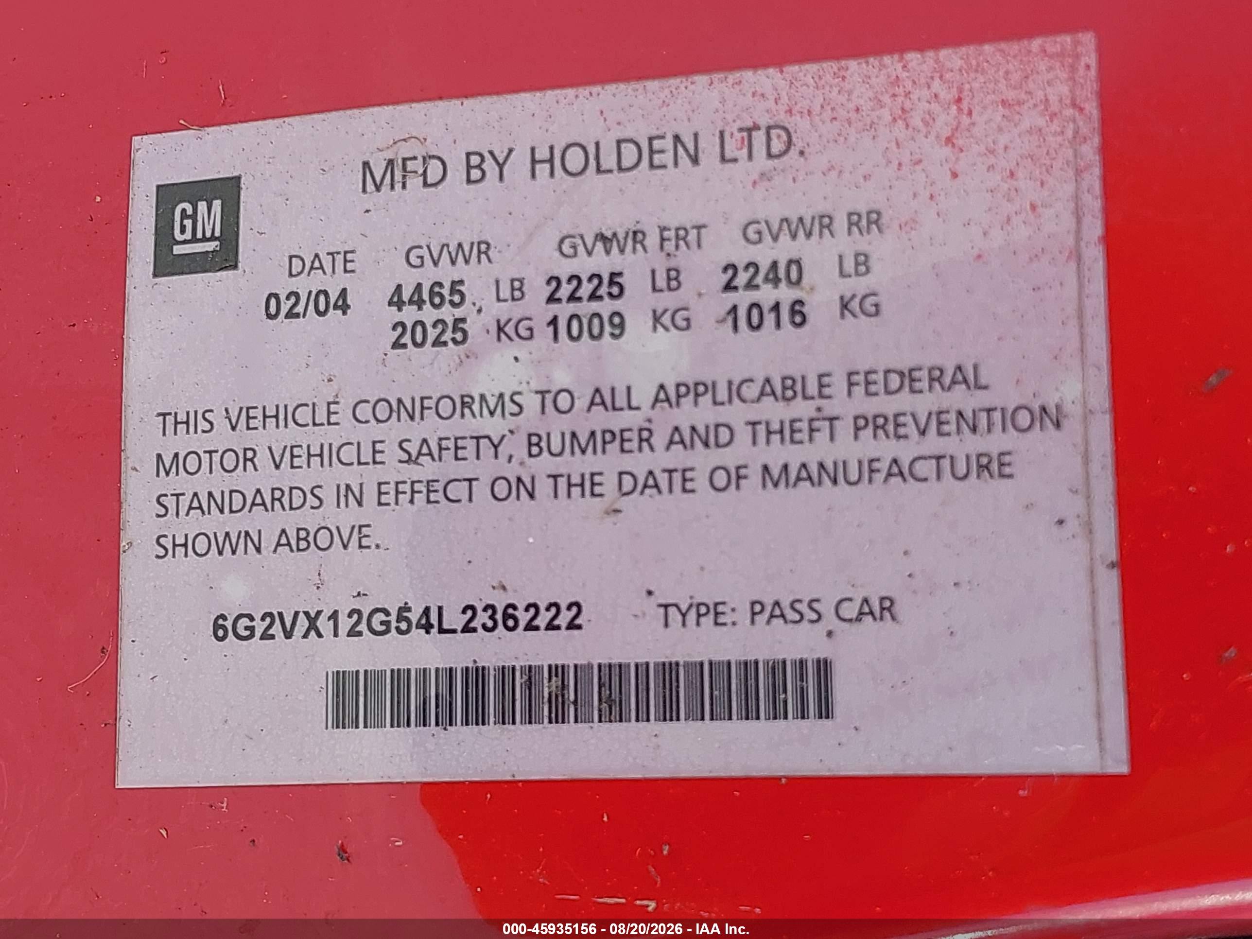 2004 Pontiac Gto   Red vin: 6G2VX12G54L236222