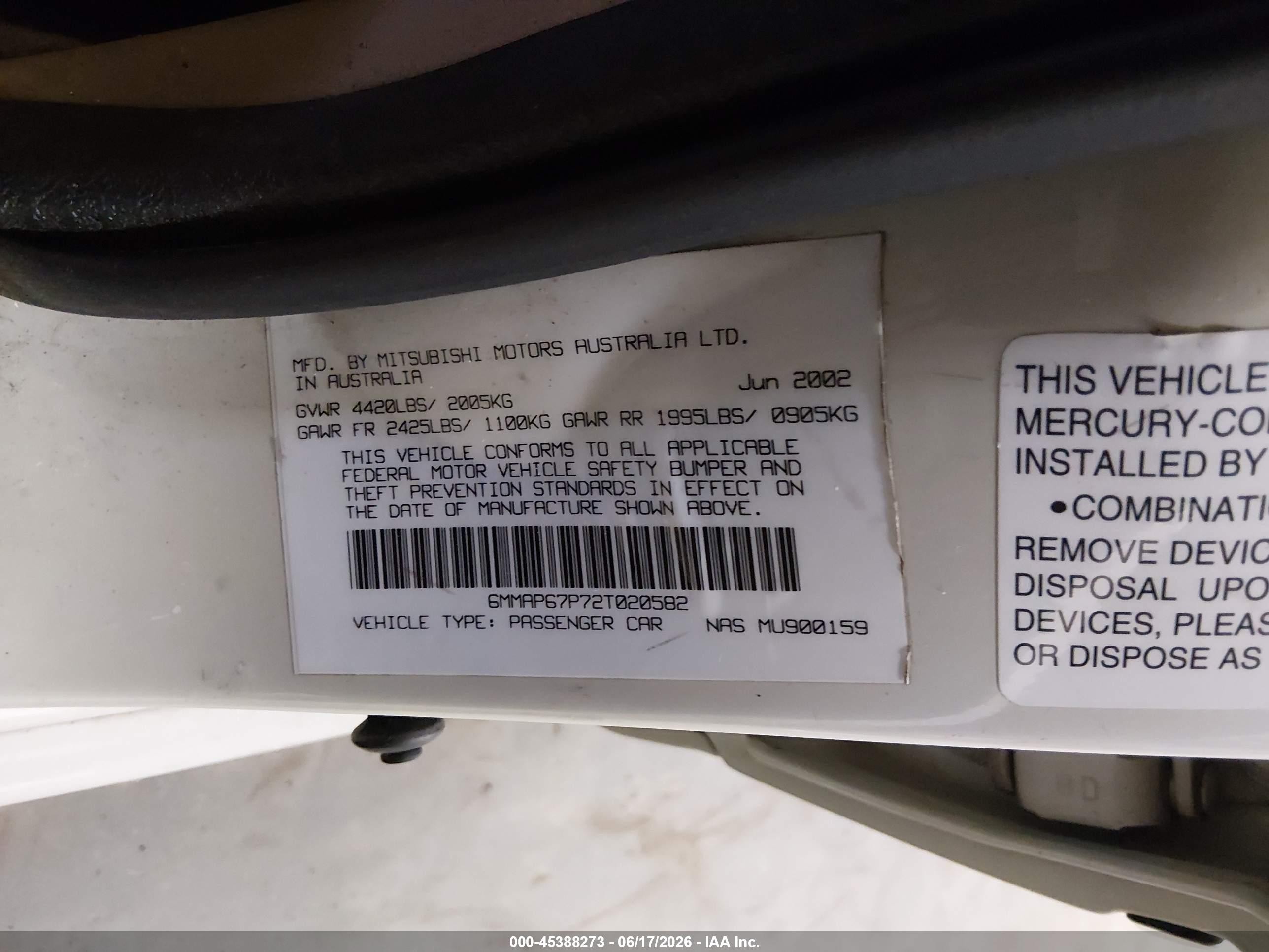 2002 Mitsubishi Diamante Ls White vin: 6MMAP67P72T020582