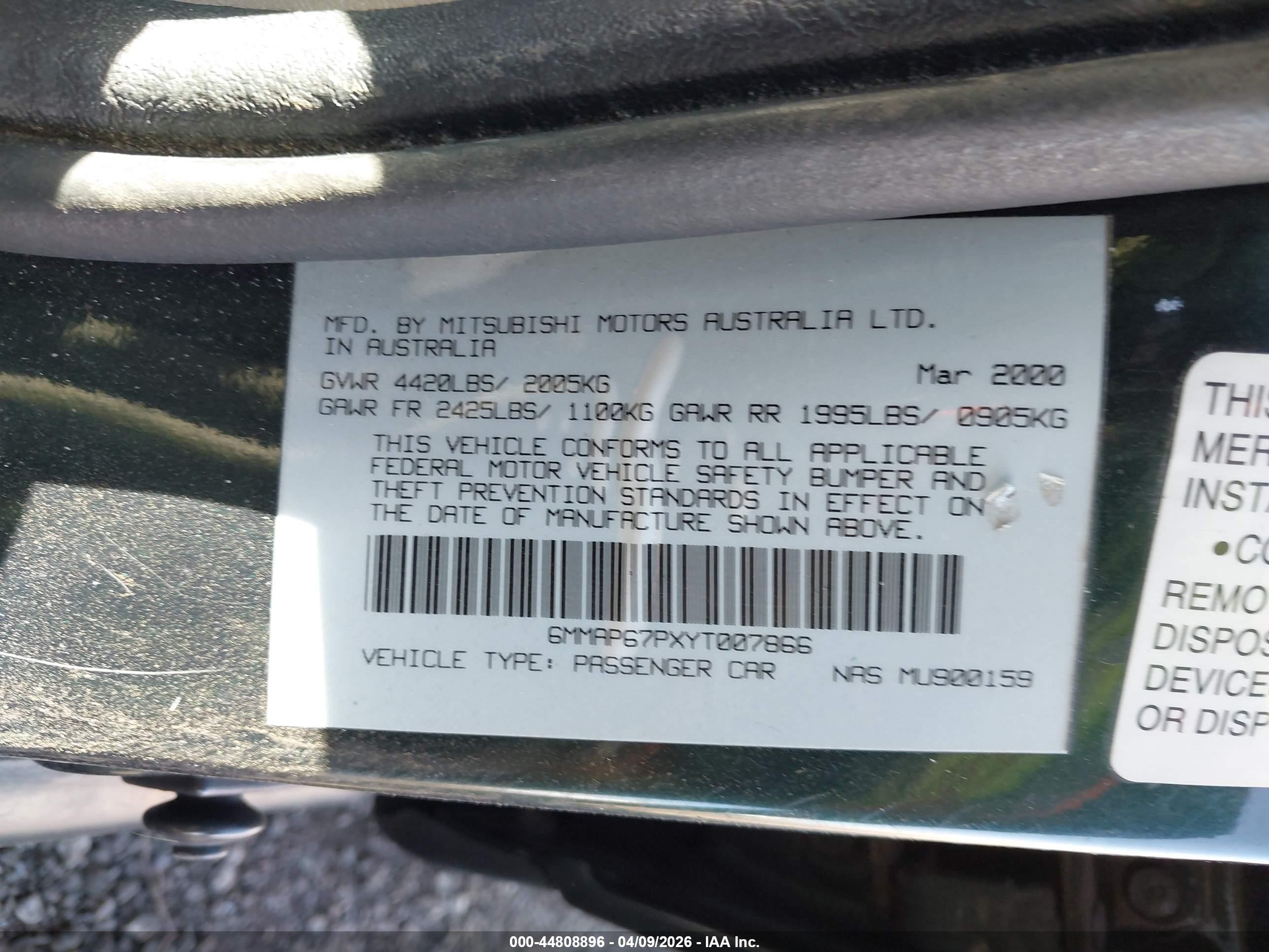 2000 Mitsubishi Diamante Ls Зеленый vin: 6MMAP67PXYT007866