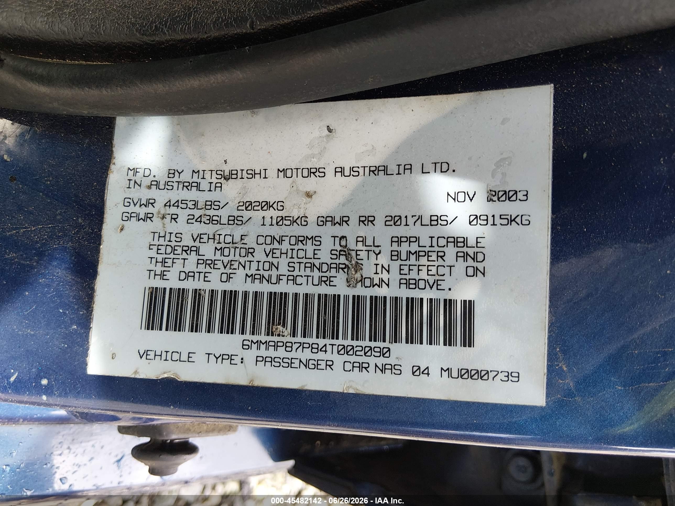 2004 Mitsubishi Diamante Vr-x Blue vin: 6MMAP87P84T002090