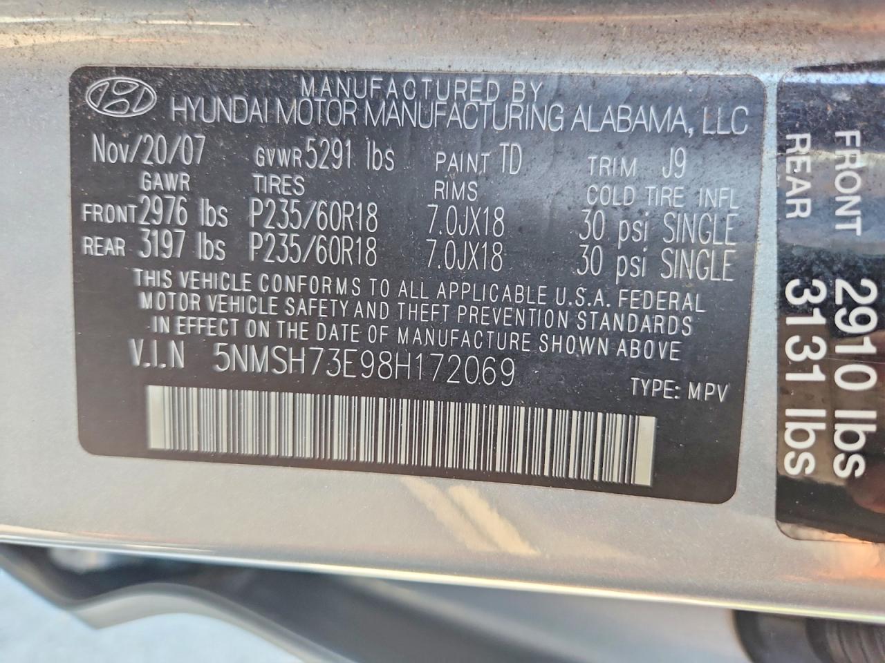 2008 Hyundai Santa Fe Se Gray vin: 5NMSH73E98H172069
