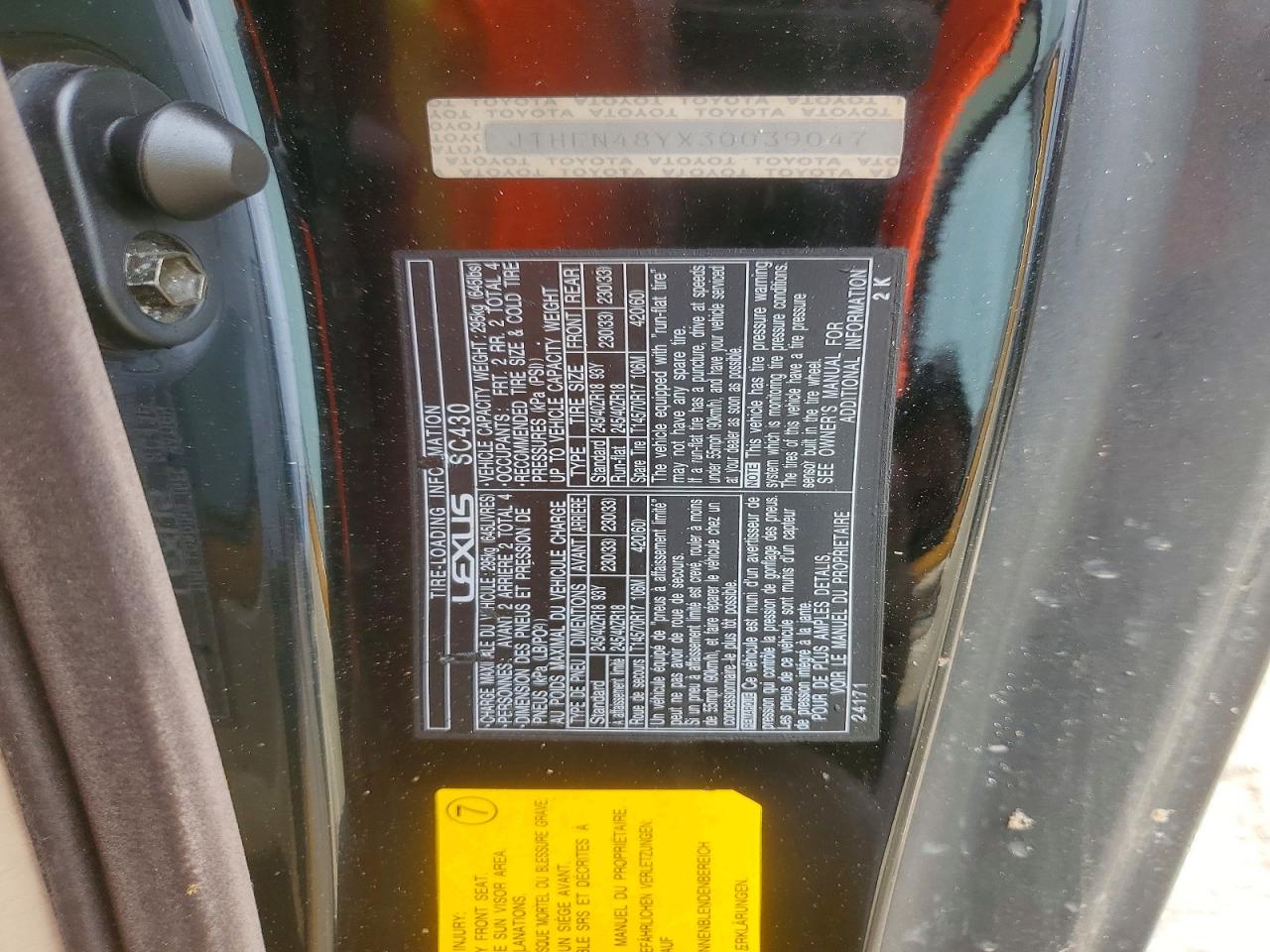 2003 Lexus Sc 430 Black vin: JTHFN48YX30039047