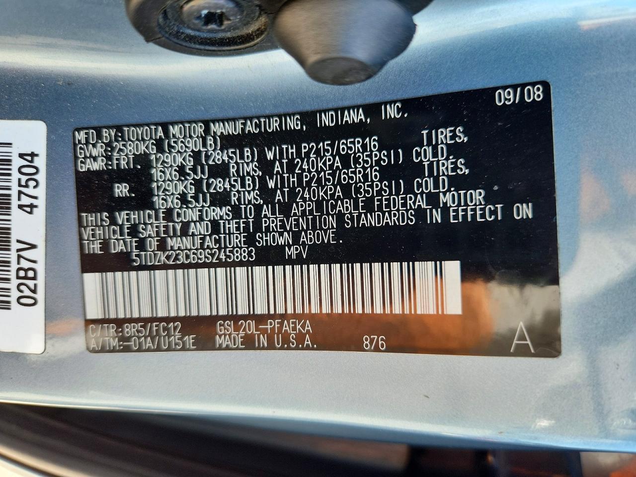 2009 Toyota Sienna Le 7-passenger Blue vin: 5TDZK23C69S245883