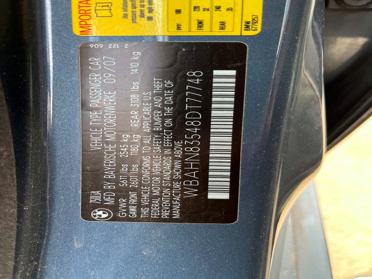 2008 Bmw 750 Li Blue vin: WBAHN83548DT77748