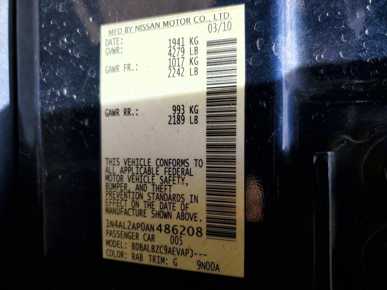 2010 Nissan Altima 2.5 Синий vin: 1N4AL2AP0AN486208