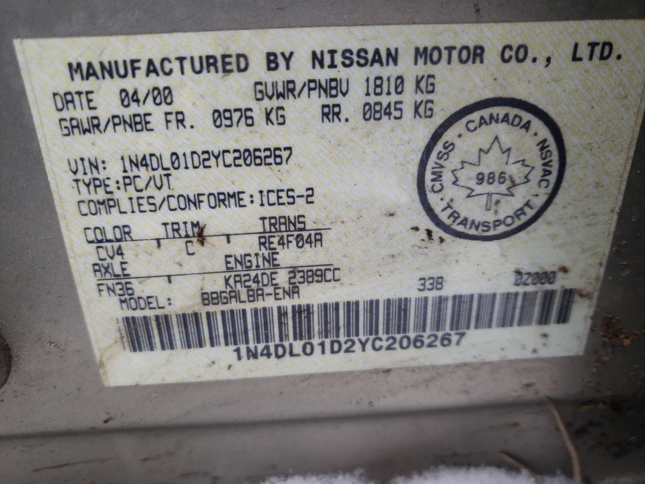 2000 Nissan Altima Xe Beige vin: 1N4DL01D2YC206267