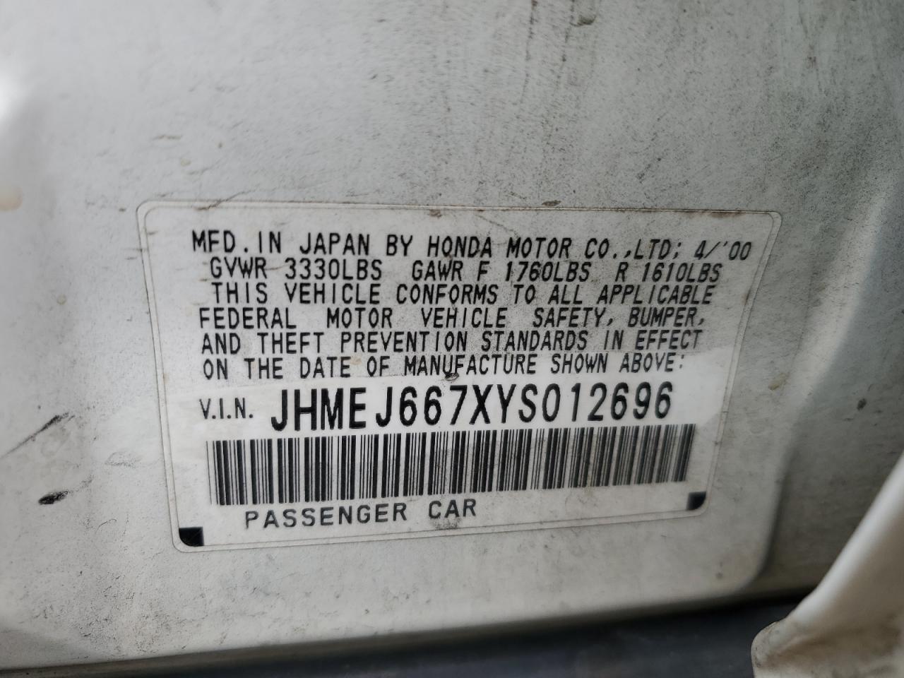 2000 Honda Civic Lx Белый vin: JHMEJ667XYS012696