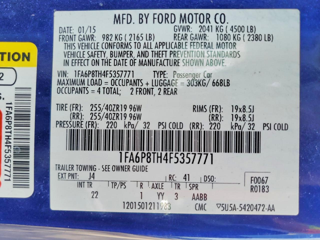2015 Ford Mustang Blue vin: 1FA6P8TH4F5357771