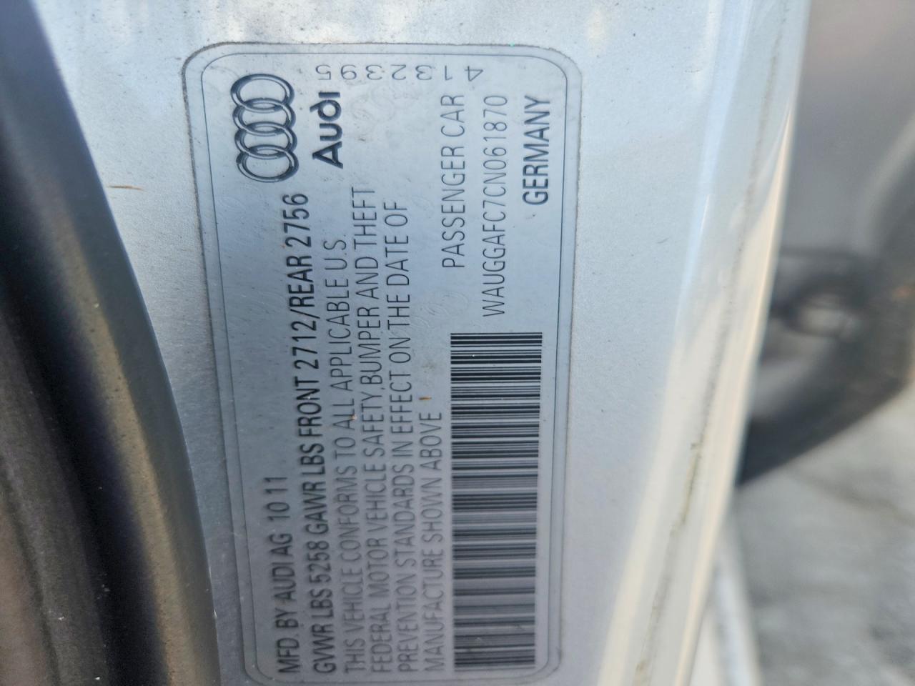 2012 Audi A6 Premium Plus Silver vin: WAUGGAFC7CN061870