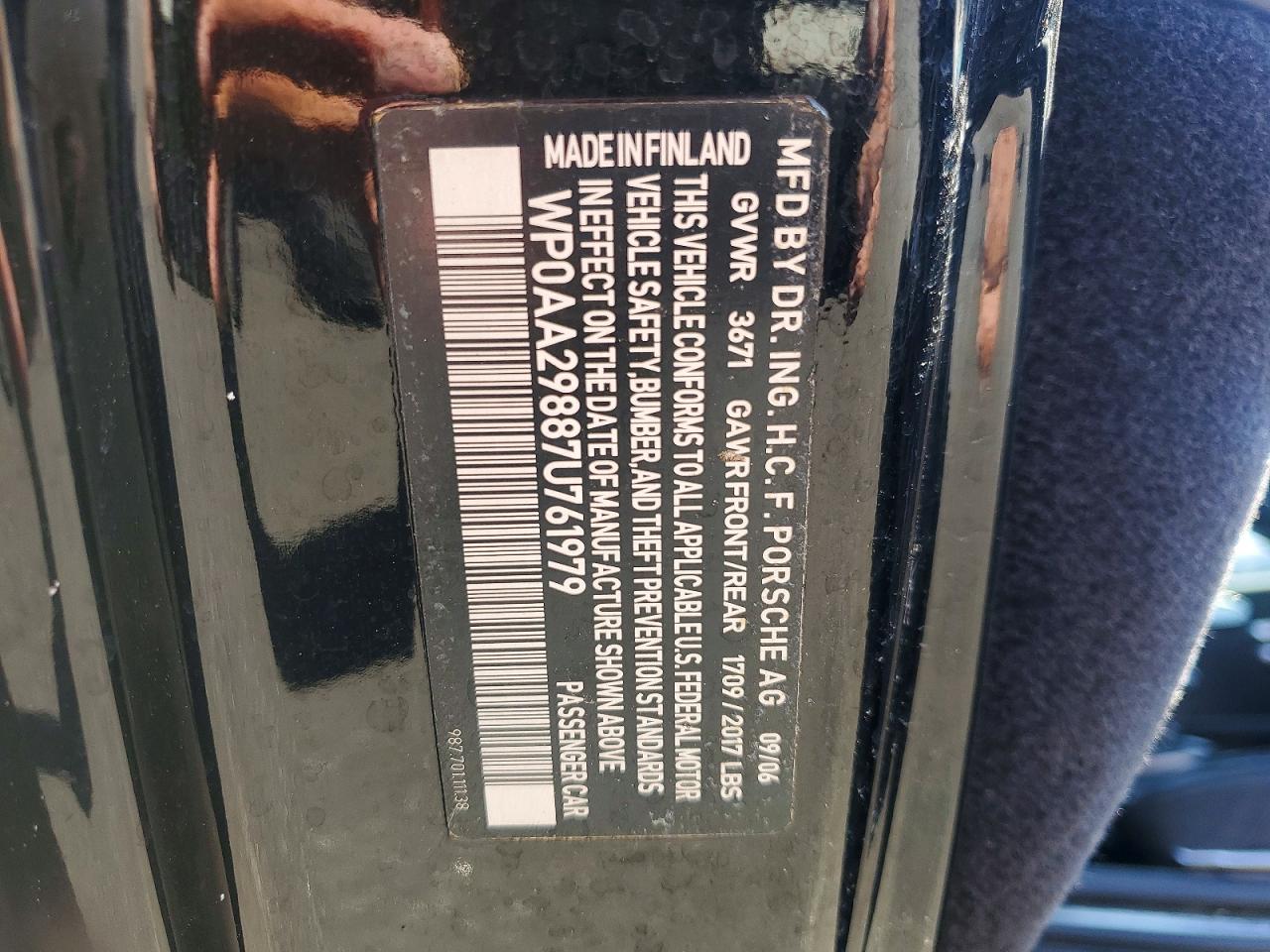 2007 Porsche Cayman Black vin: WP0AA29887U761979