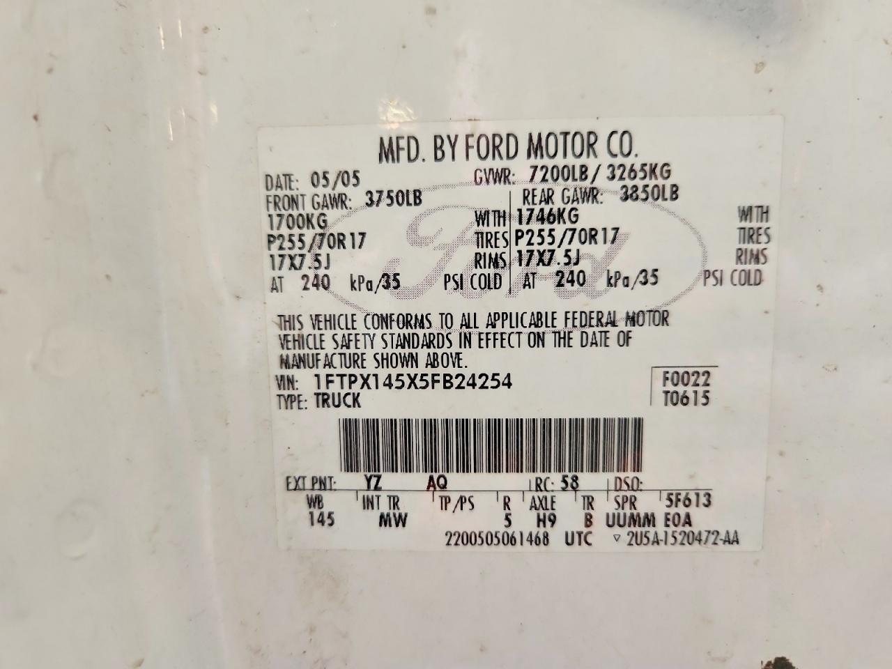 2005 Ford F150 White vin: 1FTPX145X5FB24254