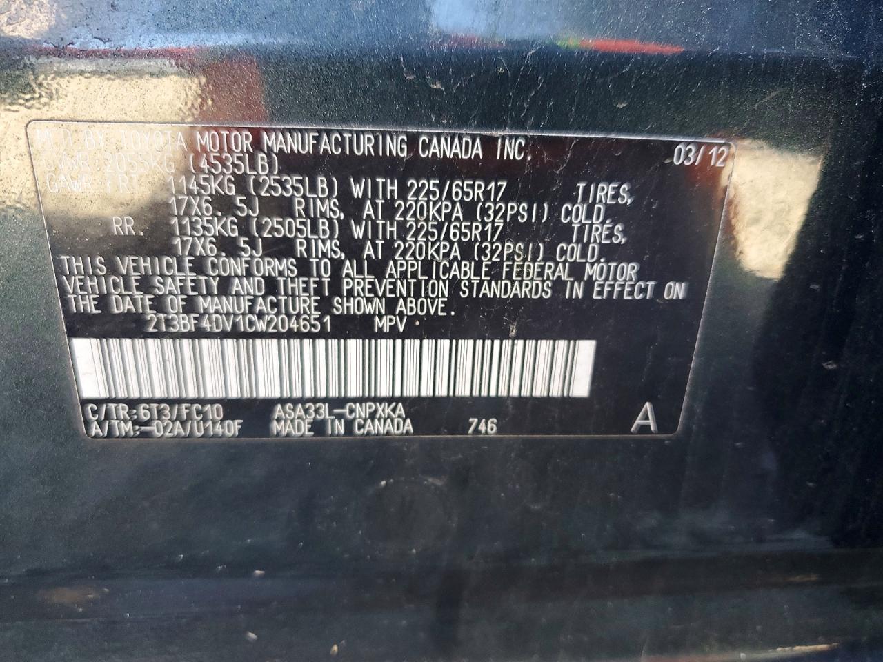 2012 Toyota Rav4 Base Charcoal vin: 2T3BF4DV1CW204651
