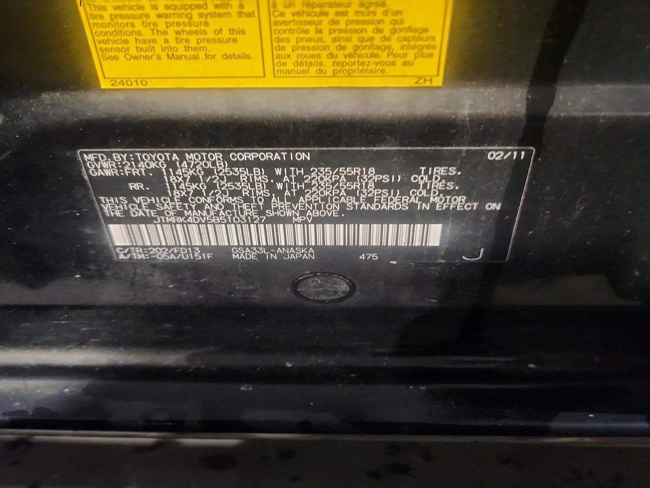 2011 Toyota Rav4 Sport Black vin: JTMRK4DV5B5103127