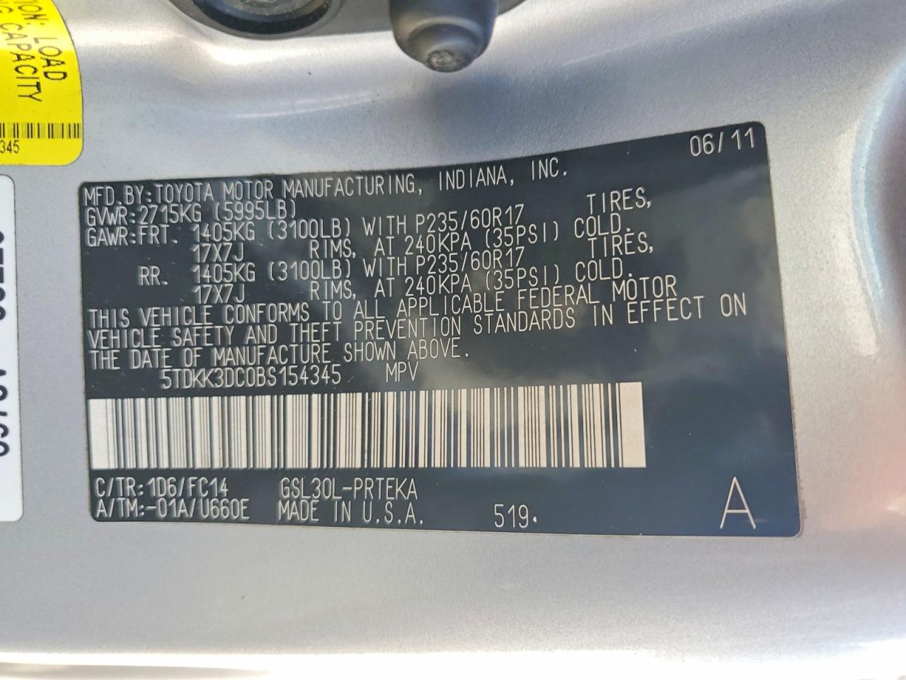 2011 Toyota Sienna Le Silver vin: 5TDKK3DC0BS154345