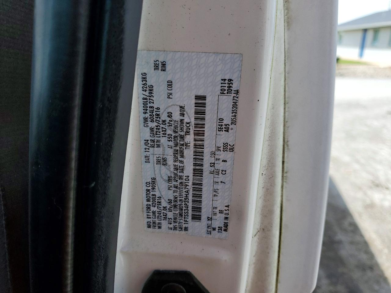 2005 Ford Econoline E350 Super Duty Van White vin: 1FTSS34P35HA79104