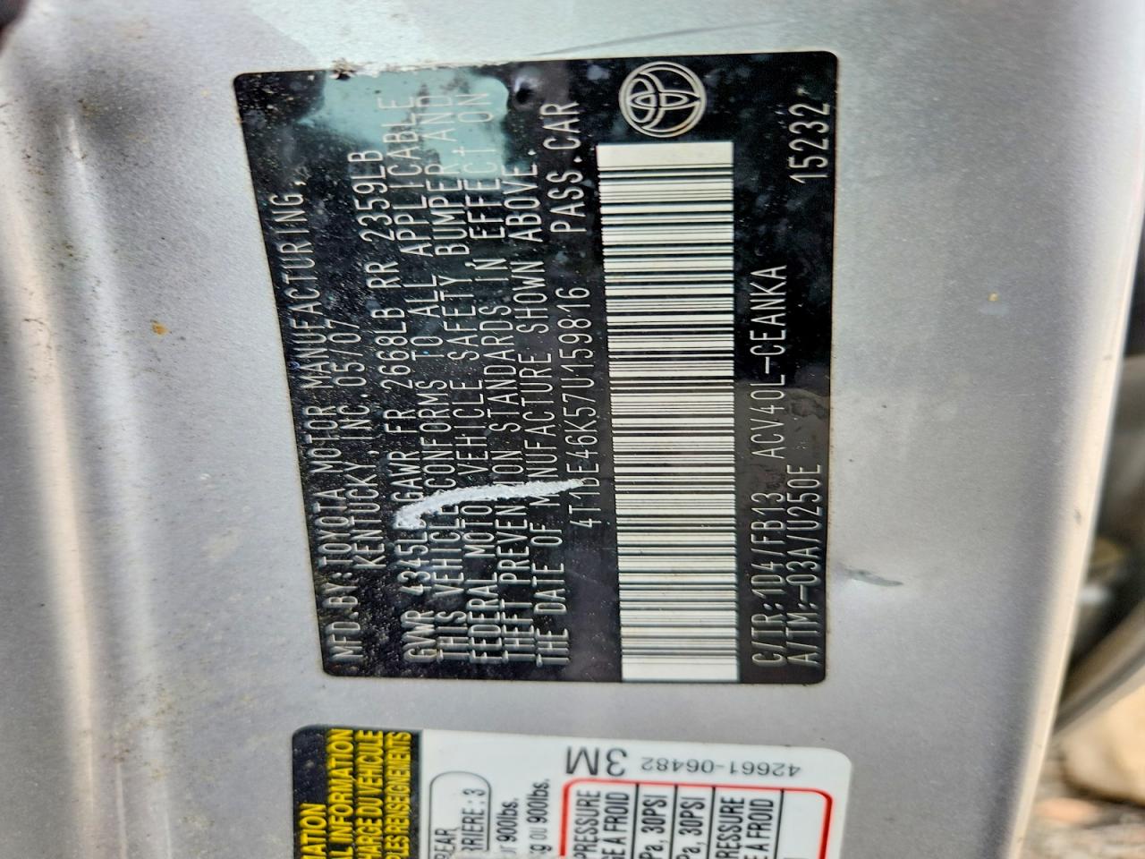 2007 Toyota Camry Le Silver vin: 4T1BE46K57U159816
