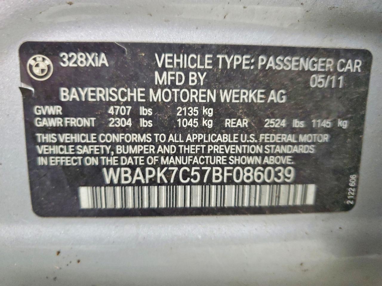 2011 Bmw 328 Xi Silver vin: WBAPK7C57BF086039