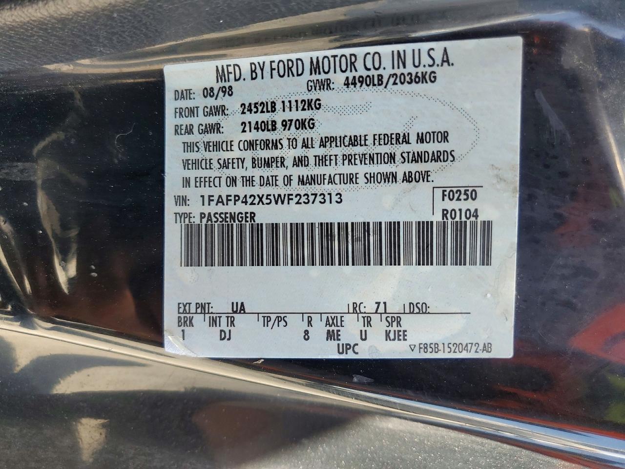 1998 Ford Mustang Gt Черный vin: 1FAFP42X5WF237313
