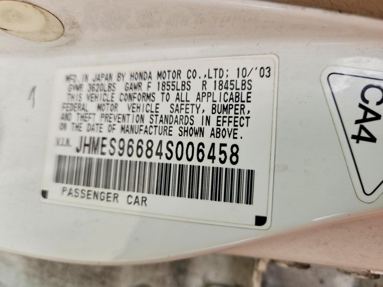 2004 Honda Civic Hybrid White vin: JHMES96684S006458