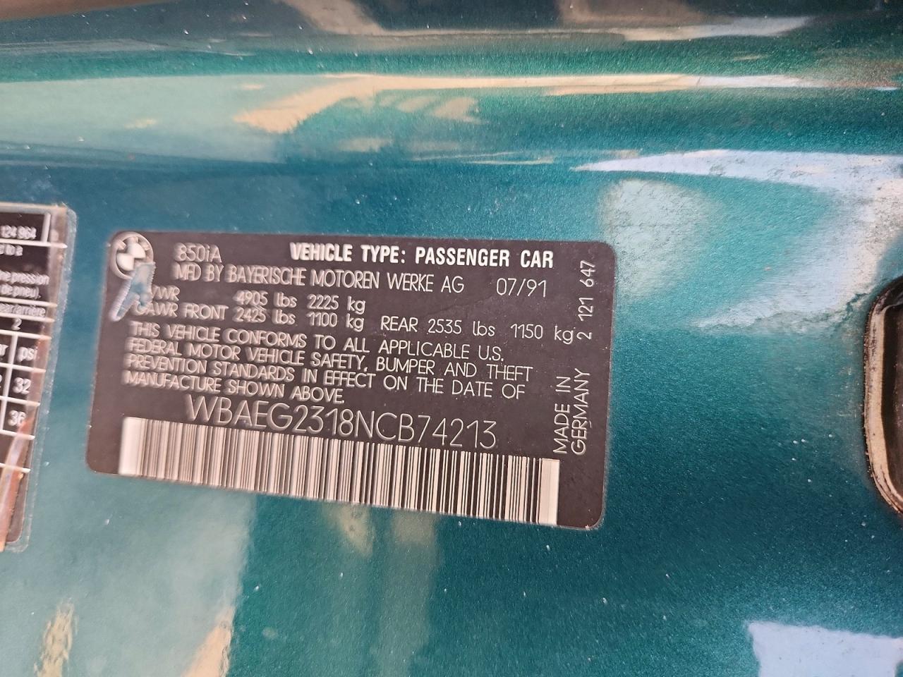 1992 Bmw 850 I Automatic Зеленый vin: WBAEG2318NCB74213