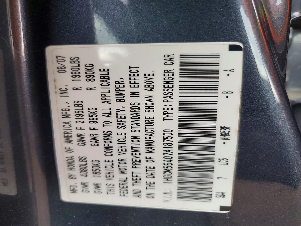 2007 Honda Accord Lx Charcoal vin: 1HGCM56407A187500