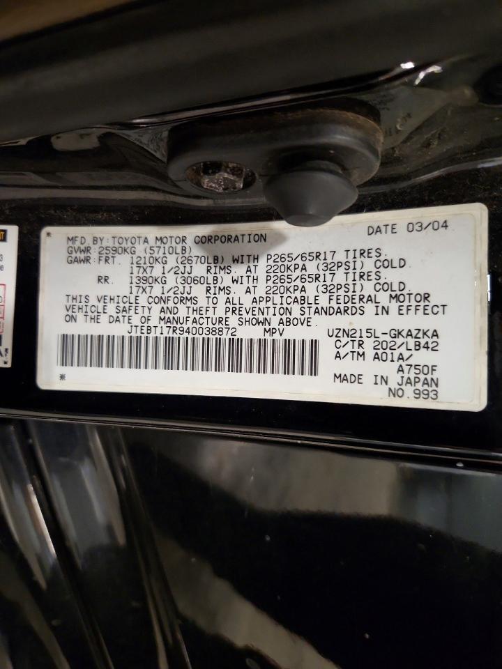 2004 Toyota 4runner Limited Black vin: JTEBT17R940038872