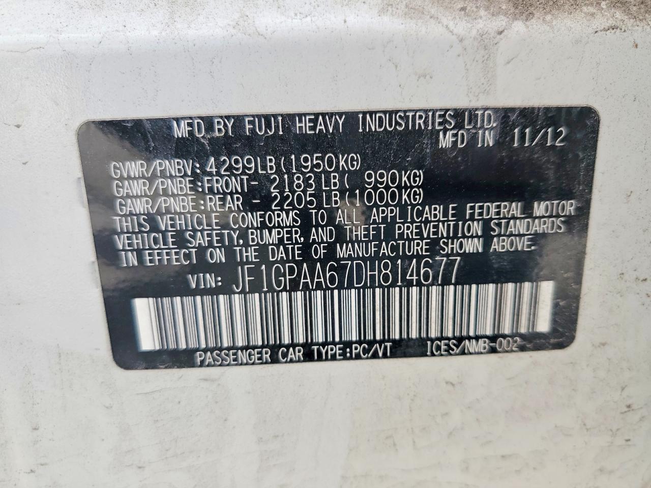 2013 Subaru Impreza White vin: JF1GPAA67DH814677