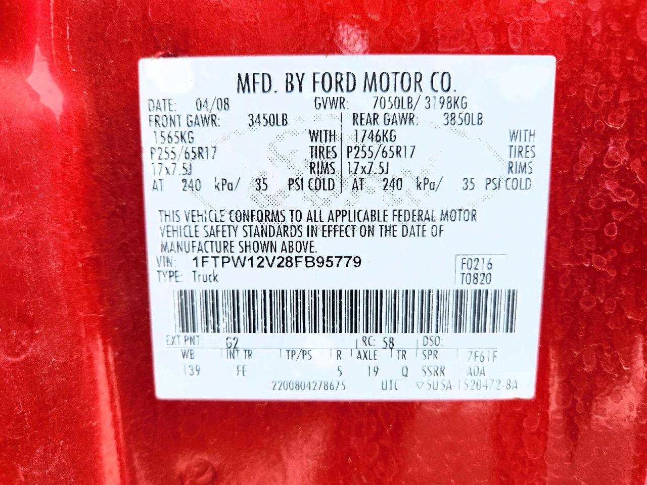 2008 Ford F150 Supercrew Красный vin: 1FTPW12V28FB95779