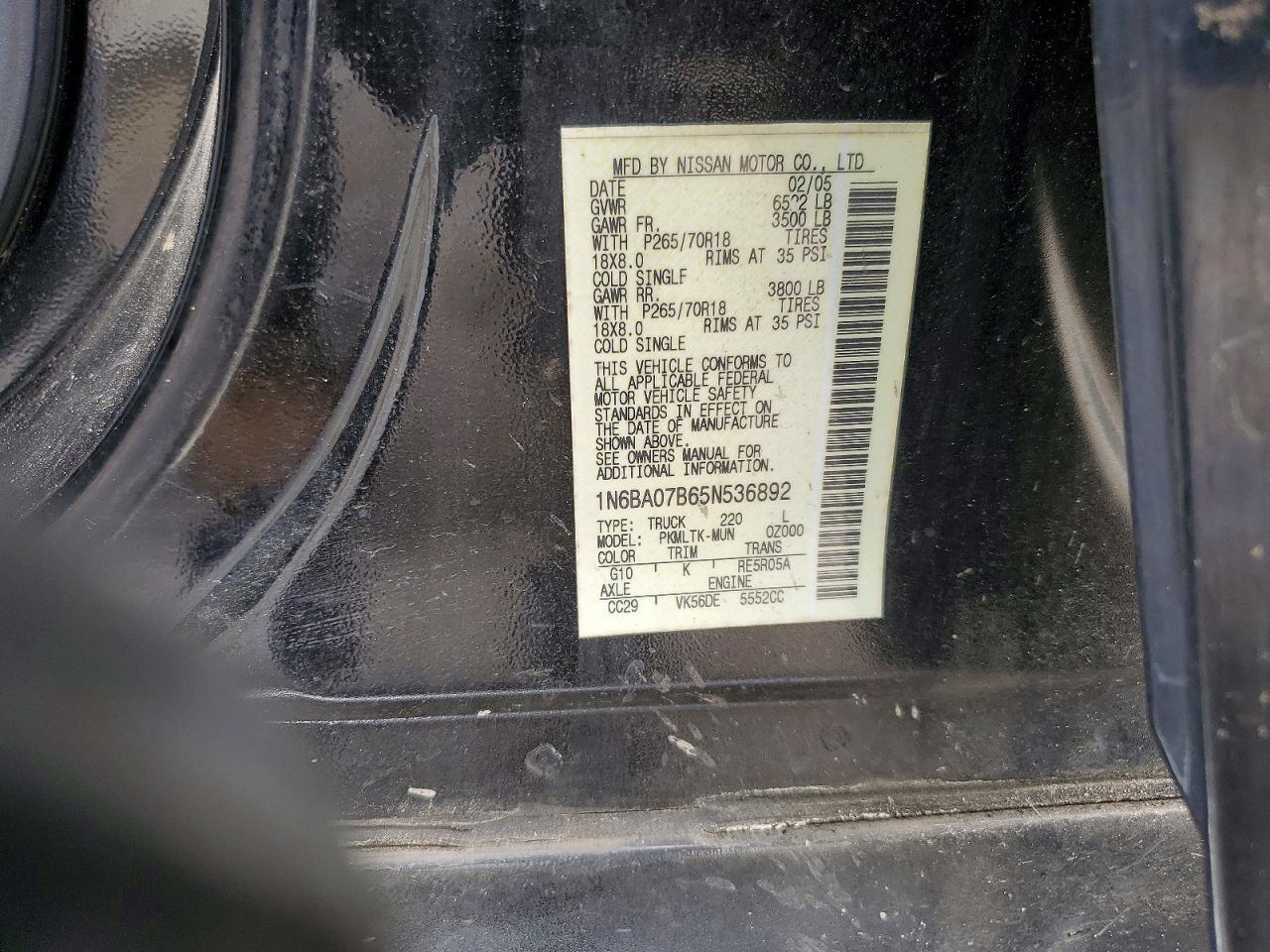 2005 Nissan Titan Xe Black vin: 1N6BA07B65N536892