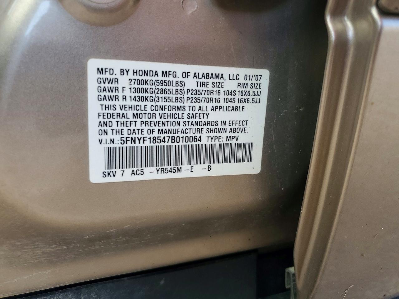 2007 Honda Pilot Exl Gold vin: 5FNYF18547B010064
