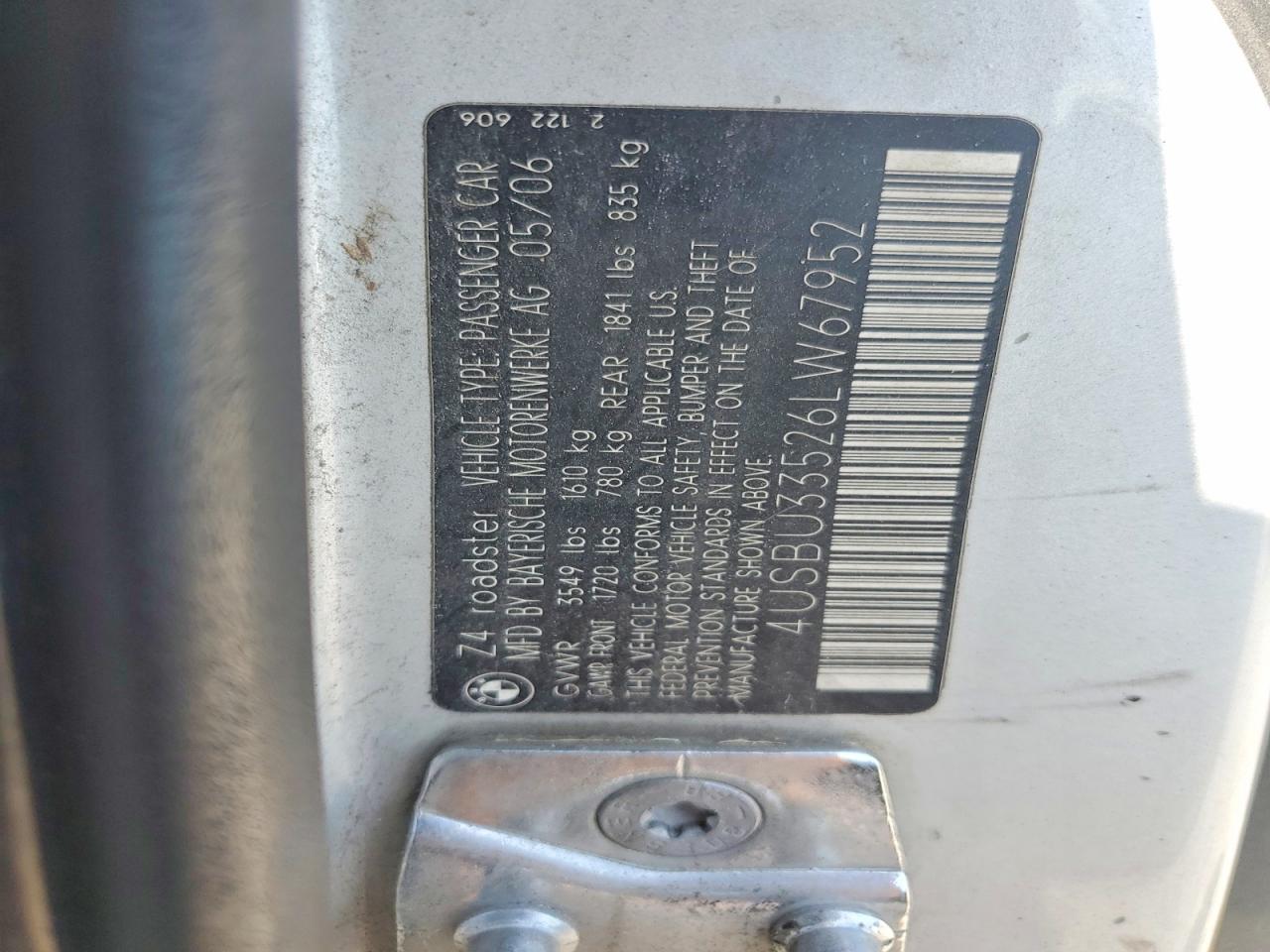 2006 Bmw Z4 3.0 Silver vin: 4USBU33526LW67952