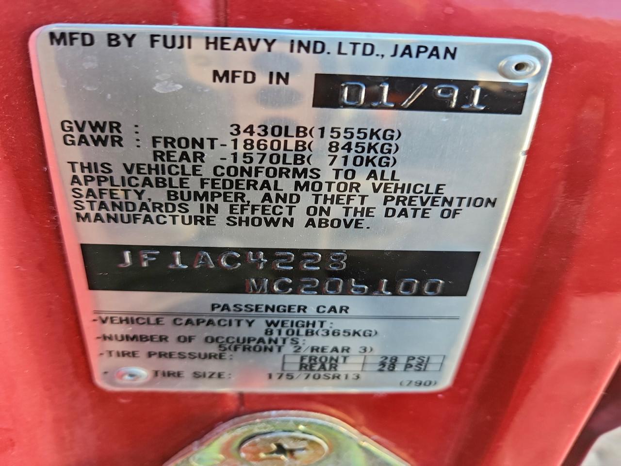 1991 Subaru Loyale Red vin: JF1AC4228MC206100