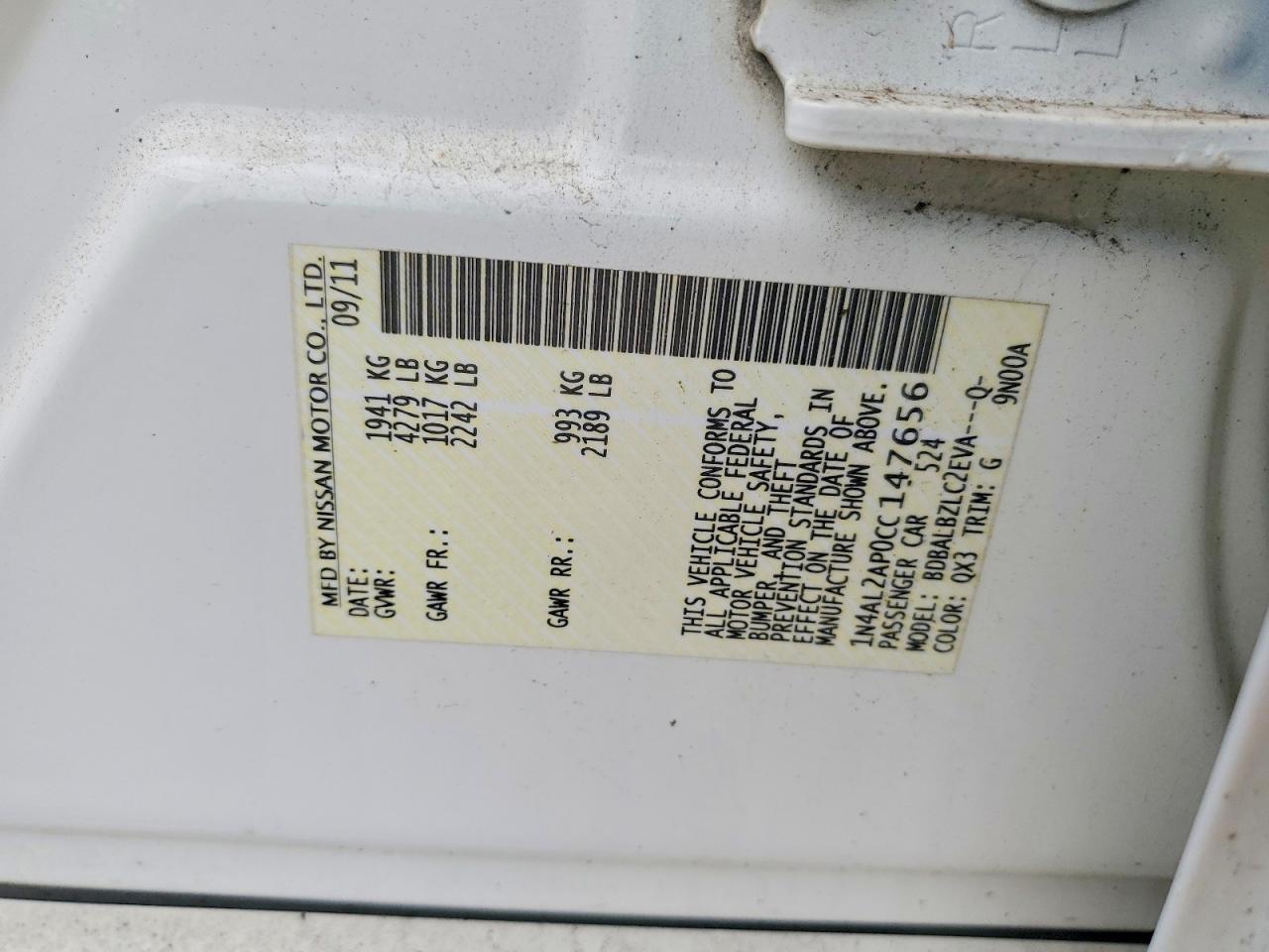2012 Nissan Altima 2.5 White vin: 1N4AL2AP0CC147656