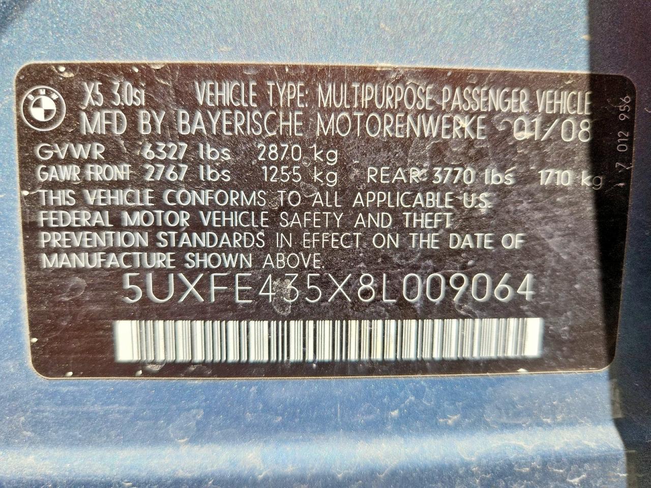 2008 Bmw X5 3.0i Blue vin: 5UXFE435X8L009064