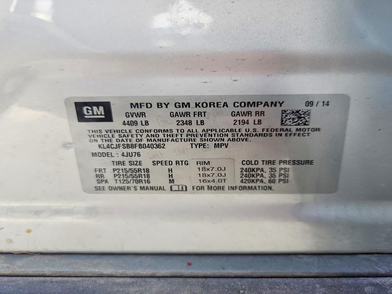 2015 Buick Encore Convenience Серебряный vin: KL4CJFSB8FB040362