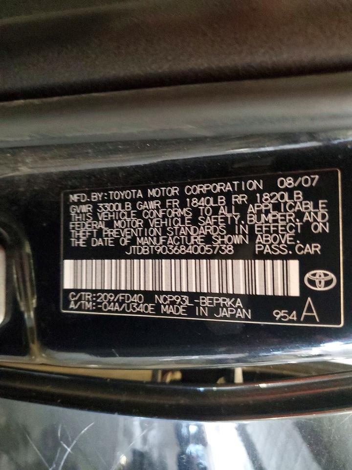2008 Toyota Yaris Base Black vin: JTDBT903684005738