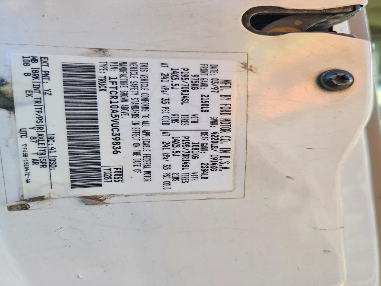1997 Ford Ranger White vin: 1FTCR10A5VUC39836