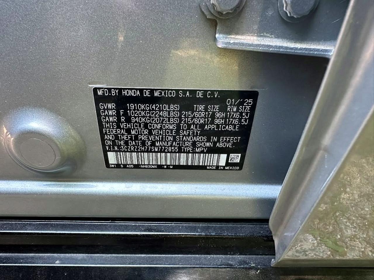 2025 Honda Hr-v Exl Silver vin: 3CZRZ2H77SM772855
