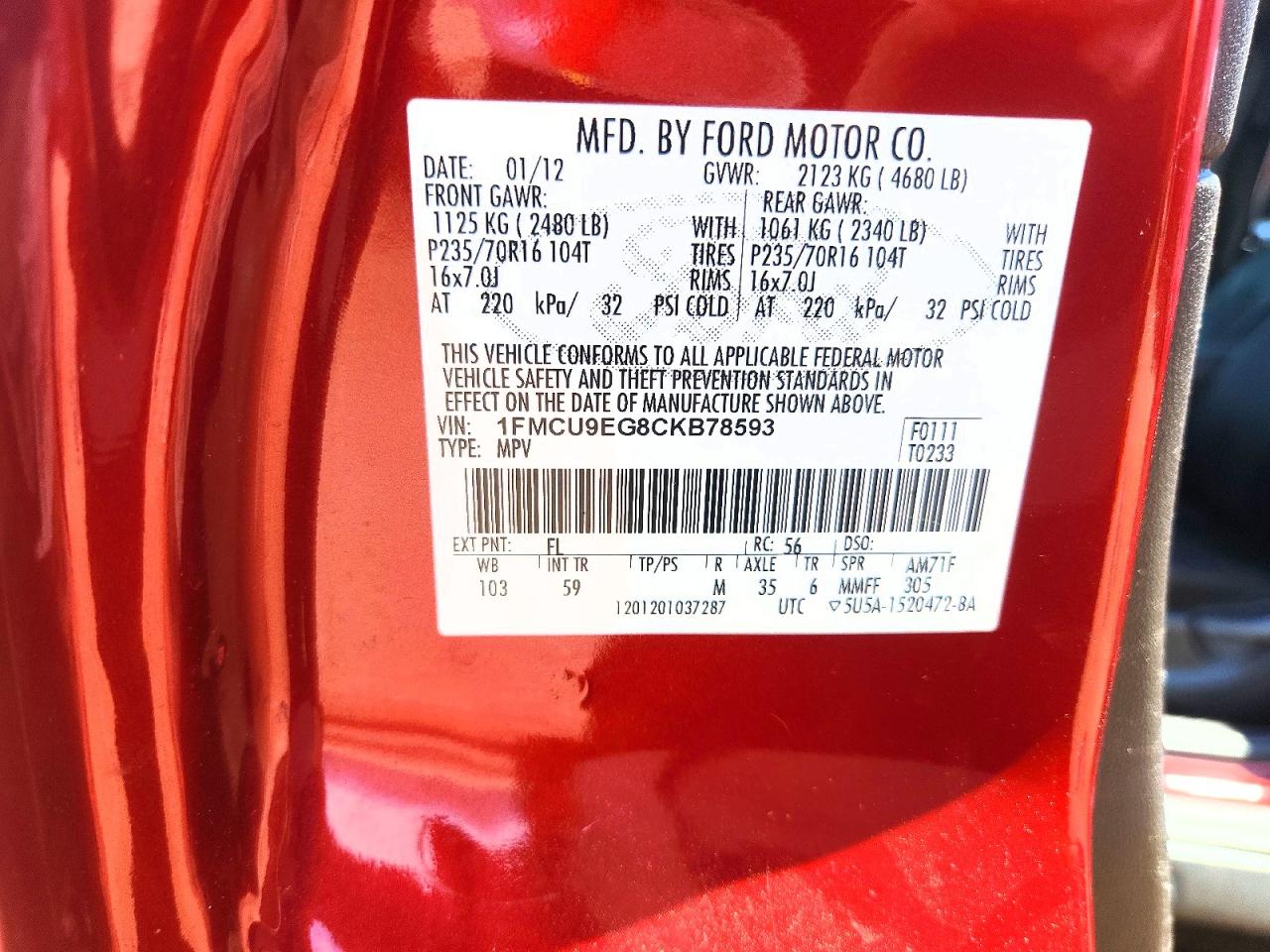 2012 Ford Escape Limited Red vin: 1FMCU9EG8CKB78593