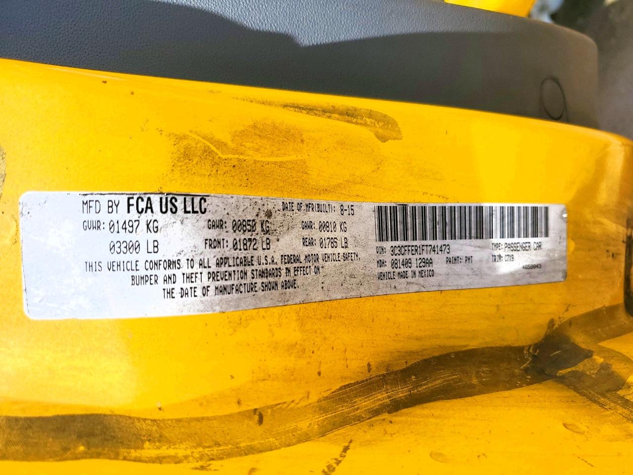 2015 Fiat 500 Lounge Yellow vin: 3C3CFFER1FT741473