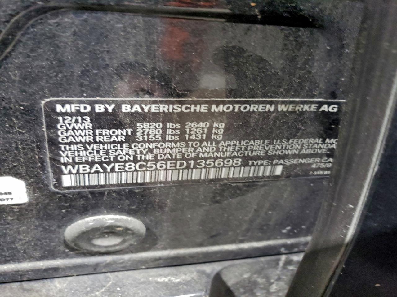 2014 Bmw 750 Li Charcoal vin: WBAYE8C56ED135698